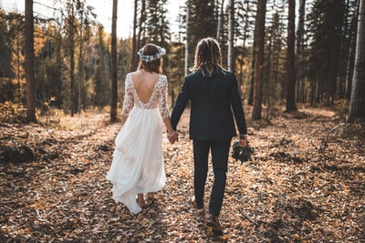 新娘和新郎走在树叶覆盖地面在树林里的一天
